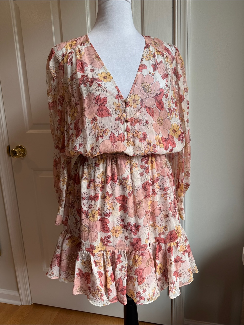 Veronica Beard Pink Multi Floral V-Neck Tiered Mini Dress